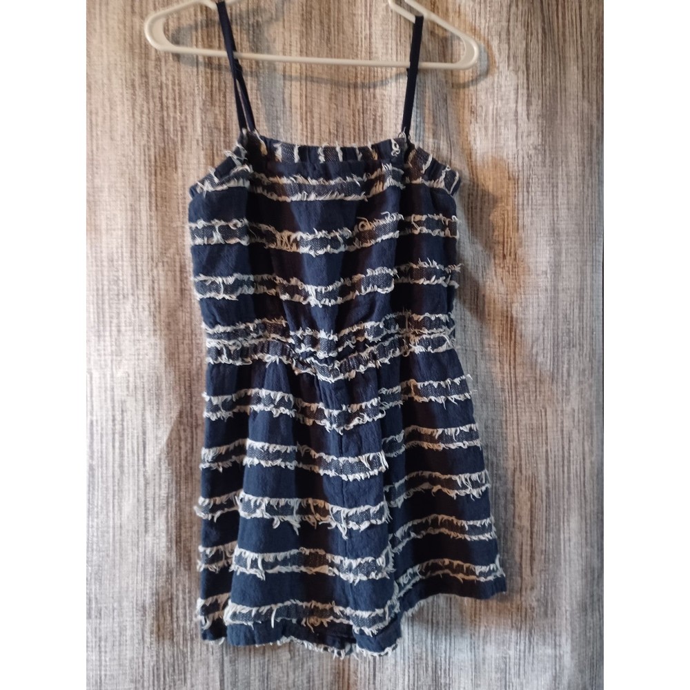 Sugar & Lips Denim Thin Strap romper. White Fringe. Fully lined. Sz. L
